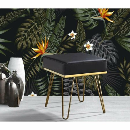 FIXTURESFIRST Contemporary Modern Catha Square Ottoman PU Leather Brass Frame Black-17.75 x 16 x 17 in. FI2826213